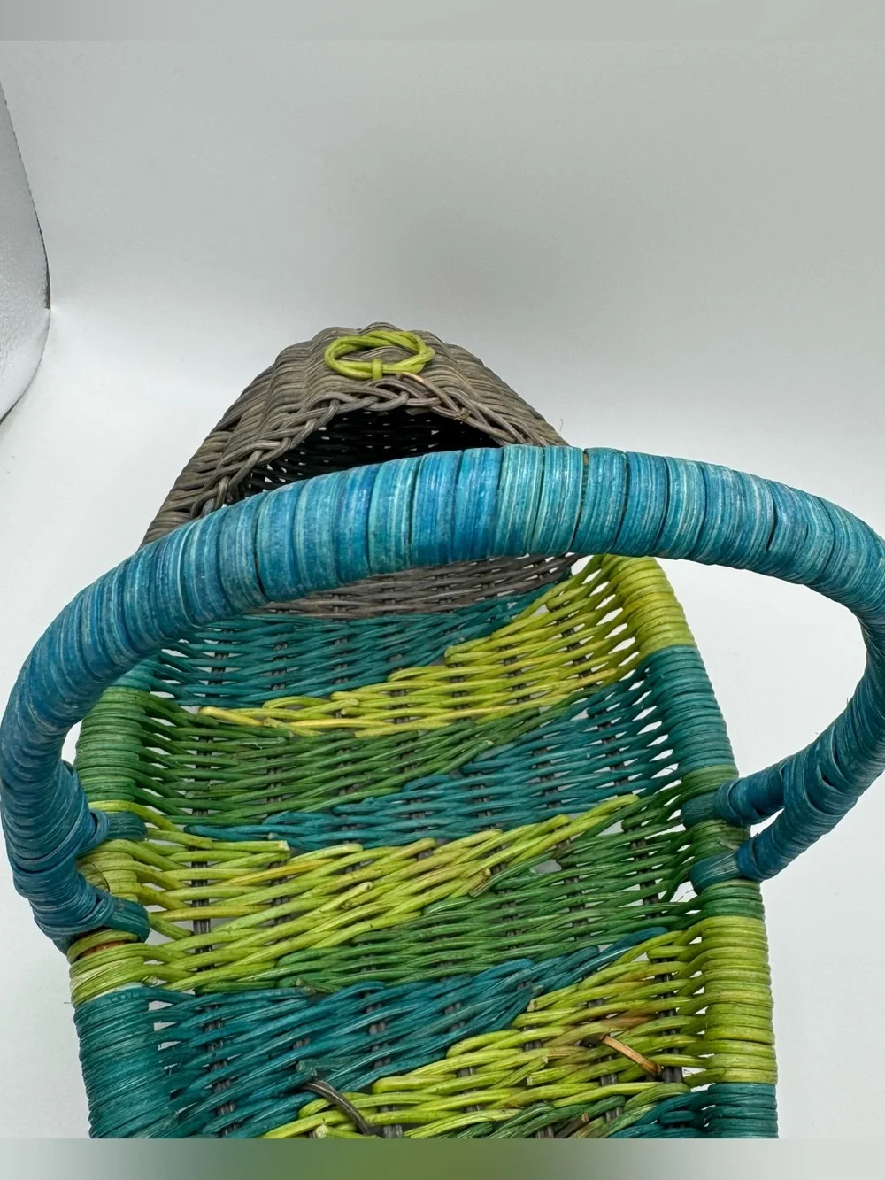 Vintage Wicker Fish Basket Shaped Fruit Bowl Colorful Hand Woven Boho Handle 70s